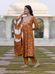 Jaitpuriya Women Mustard Yellow Chikankari Anarkali Kurta Bottom And Dupatta