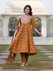 Jaitpuriya Women Mustard Yellow Chikankari Anarkali Kurta Bottom And Dupatta