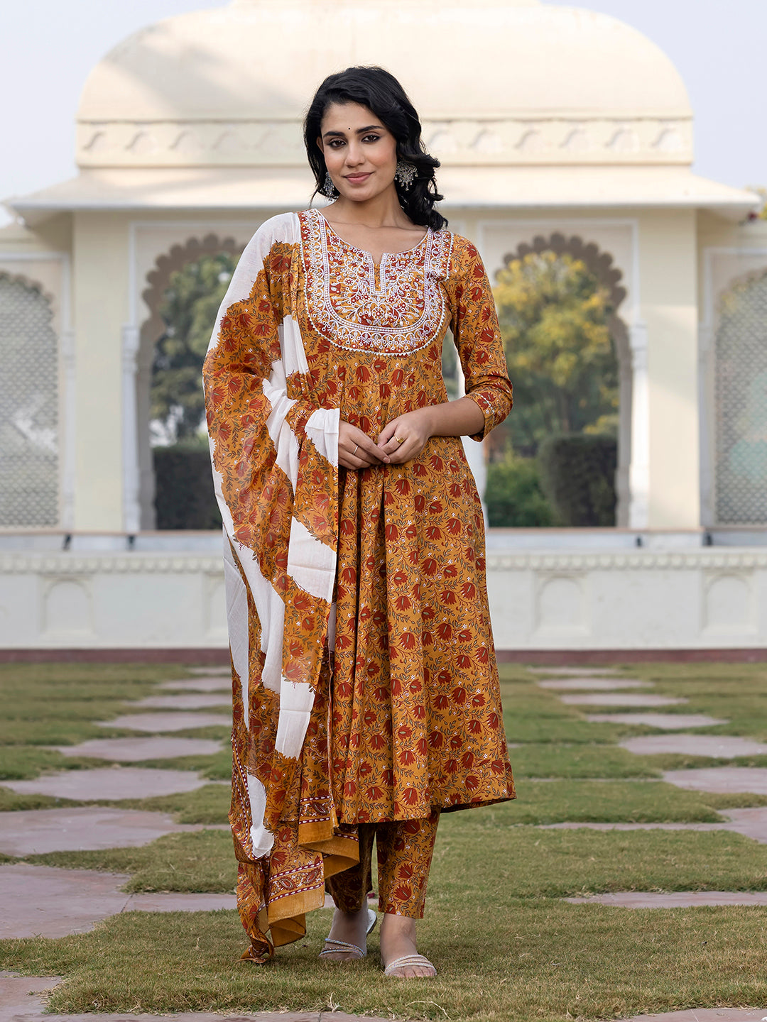 Jaitpuriya Women Mustard Yellow Chikankari Anarkali Kurta Bottom And Dupatta