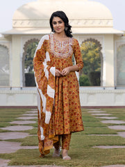 Jaitpuriya Women Mustard Yellow Chikankari Anarkali Kurta Bottom And Dupatta