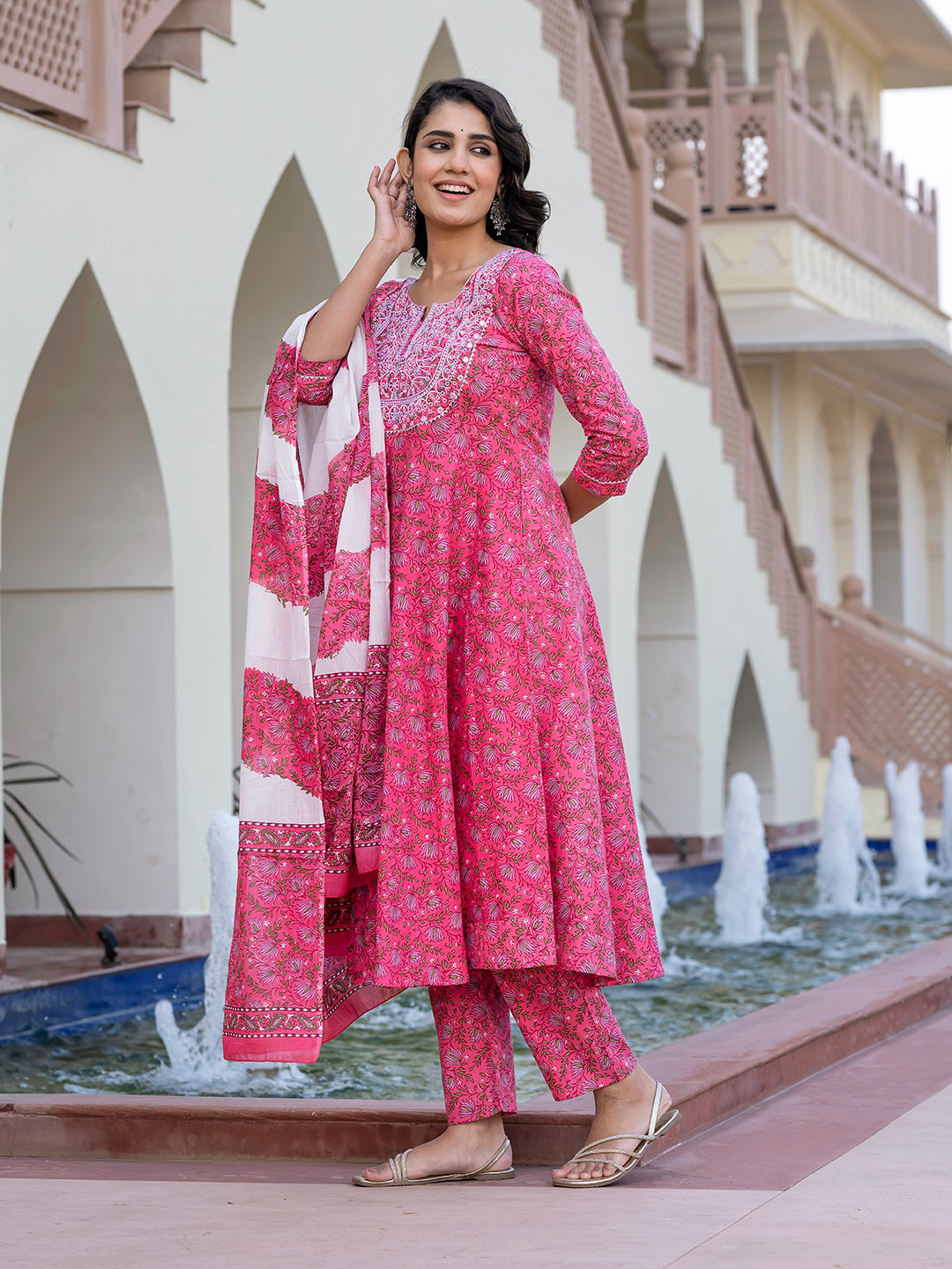 Jaitpuriya Women Pink Chikankari Anarkali Kurta Bottom And Dupatta