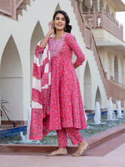 Jaitpuriya Women Pink Chikankari Anarkali Kurta Bottom And Dupatta