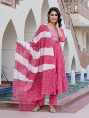 Jaitpuriya Women Pink Chikankari Anarkali Kurta Bottom And Dupatta