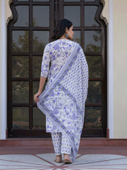 Jaitpuriya Women Blue And White Zari Work Straight Kurta Bottom And Dupatta