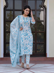 Jaitpuriya Women Sky Blue And White Zari Work Straight Kurta Bottom And Dupatta