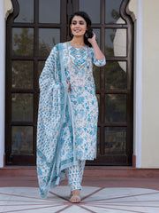 Jaitpuriya Women Sky Blue And White Zari Work Straight Kurta Bottom And Dupatta