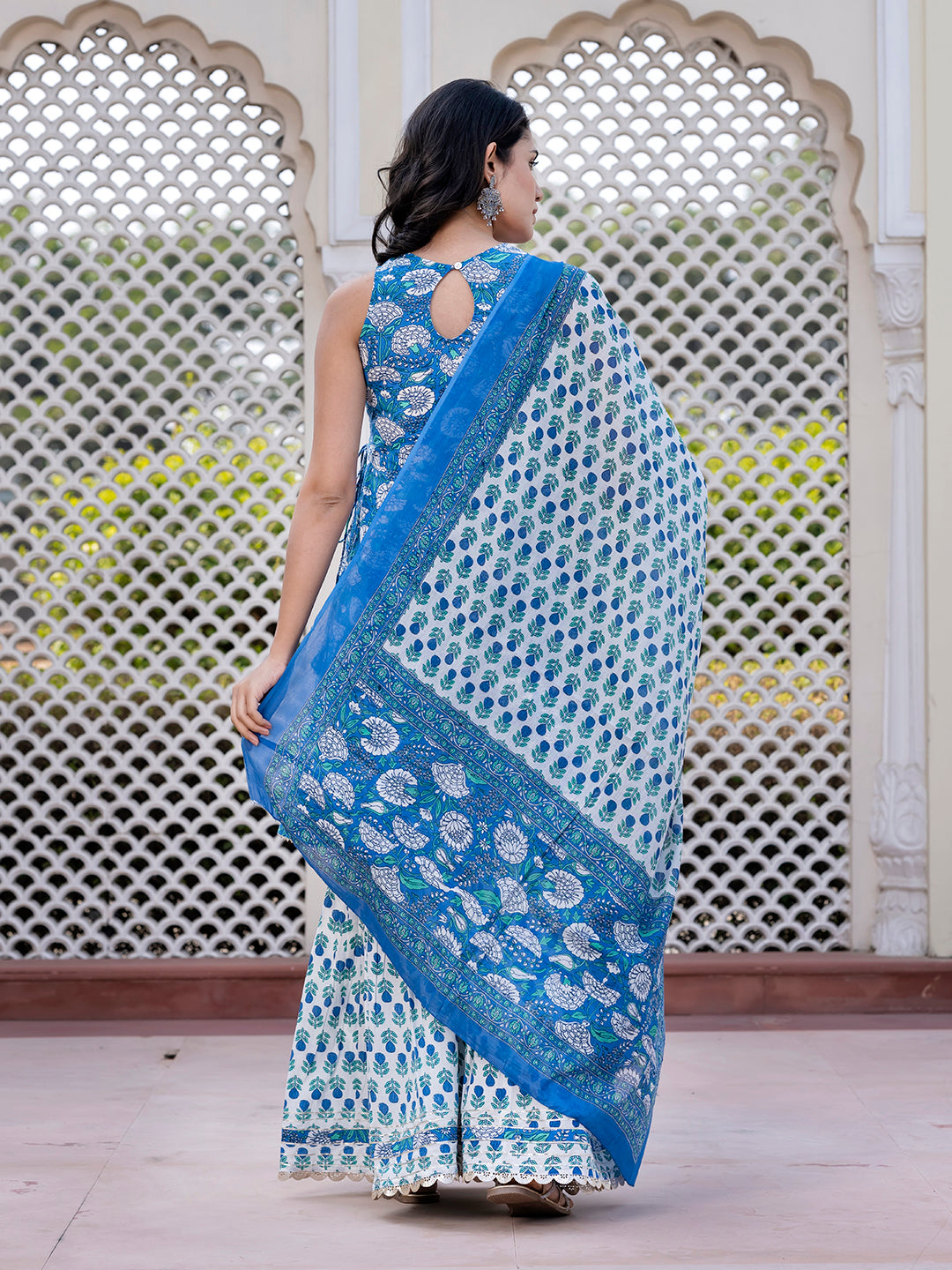 Jaitpuriya Women Blue Floral Print Anarkali Kurta Bottom And Dupatta