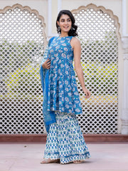 Jaitpuriya Women Blue Floral Print Anarkali Kurta Bottom And Dupatta