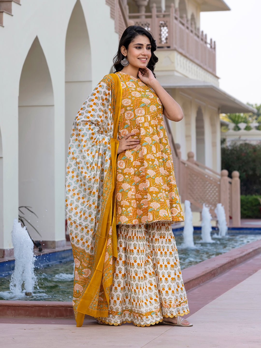 Jaitpuriya Women Mustard Yellow Floral Print Anarkali Kurta Bottom And Dupatta