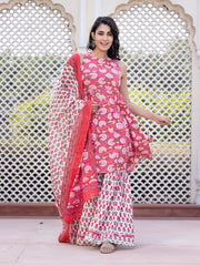 Jaitpuriya Women Pink Floral Print Anarkali Kurta Bottom And Dupatta
