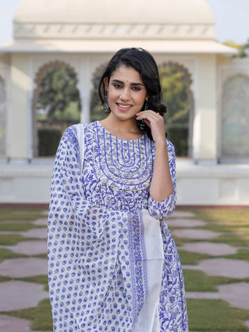 Jaitpuriya Women Blue Mirror Work Anarkali Kurta Bottom And Dupatta