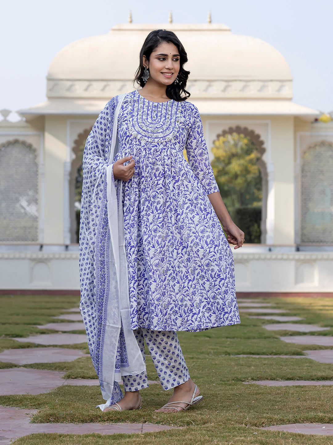 Jaitpuriya Women Blue Mirror Work Anarkali Kurta Bottom And Dupatta