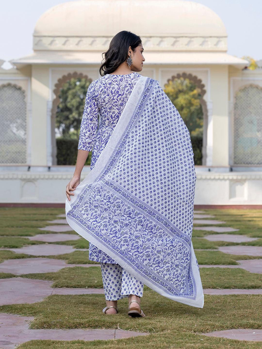 Jaitpuriya Women Blue Mirror Work Anarkali Kurta Bottom And Dupatta