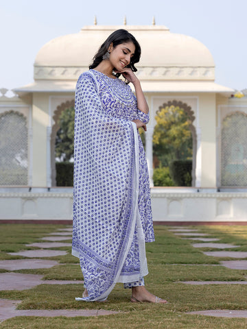 Jaitpuriya Women Blue Mirror Work Anarkali Kurta Bottom And Dupatta