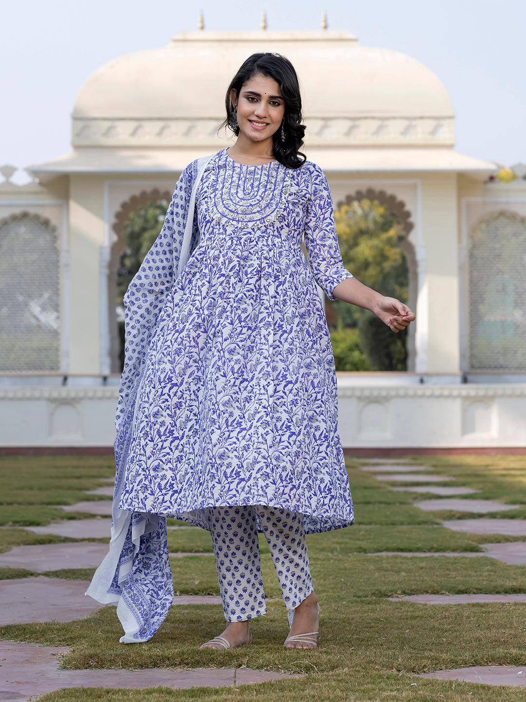 Jaitpuriya Women Blue Mirror Work Anarkali Kurta Bottom And Dupatta