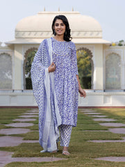 Jaitpuriya Women Blue Mirror Work Anarkali Kurta Bottom And Dupatta