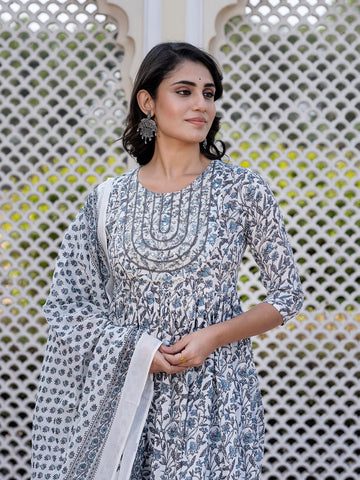 Jaitpuriya Women Grey Mirror Work Anarkali Kurta Bottom And Dupatta