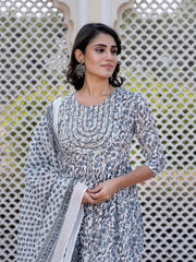 Jaitpuriya Women Grey Mirror Work Anarkali Kurta Bottom And Dupatta