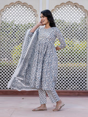 Jaitpuriya Women Grey Mirror Work Anarkali Kurta Bottom And Dupatta