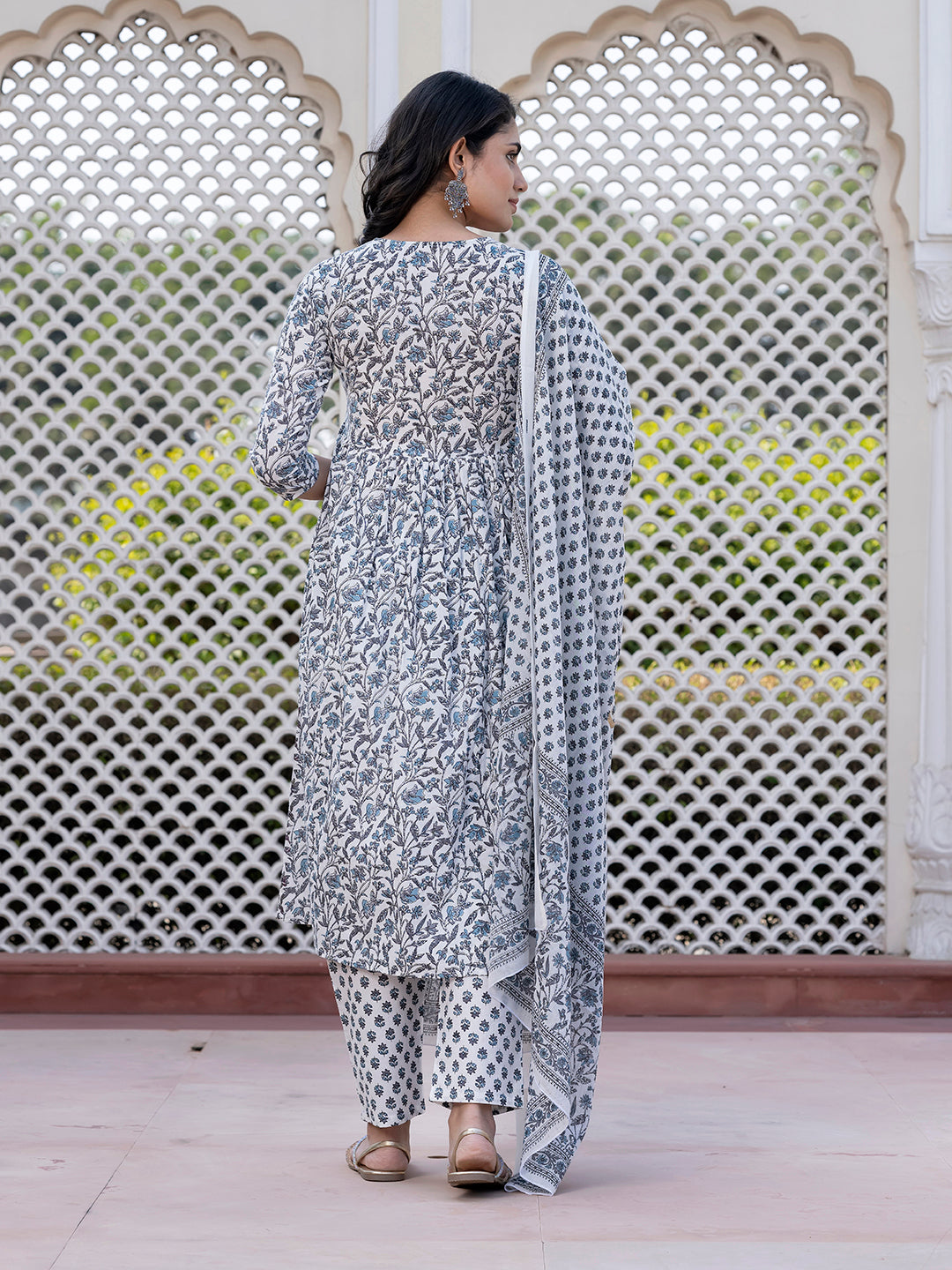 Jaitpuriya Women Grey Mirror Work Anarkali Kurta Bottom And Dupatta