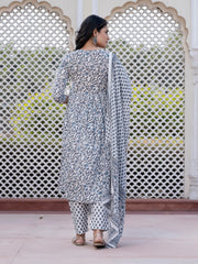 Jaitpuriya Women Grey Mirror Work Anarkali Kurta Bottom And Dupatta