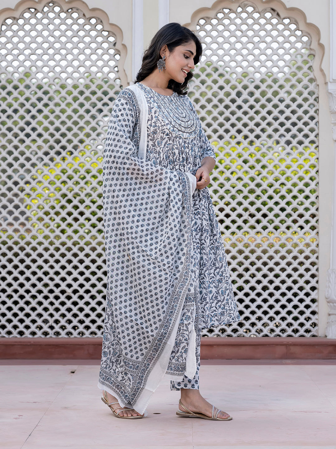 Jaitpuriya Women Grey Mirror Work Anarkali Kurta Bottom And Dupatta