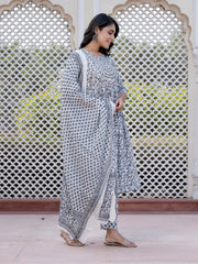 Jaitpuriya Women Grey Mirror Work Anarkali Kurta Bottom And Dupatta