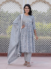Jaitpuriya Women Grey Mirror Work Anarkali Kurta Bottom And Dupatta