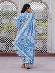 Jaitpuriya Women Turquoise blue Mirror Work Anarkali Kurta Bottom And Dupatta