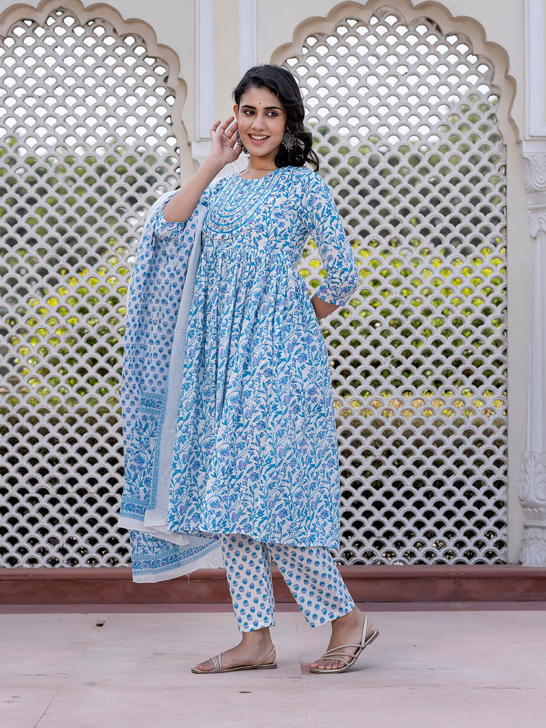 Jaitpuriya Women Turquoise blue Mirror Work Anarkali Kurta Bottom And Dupatta
