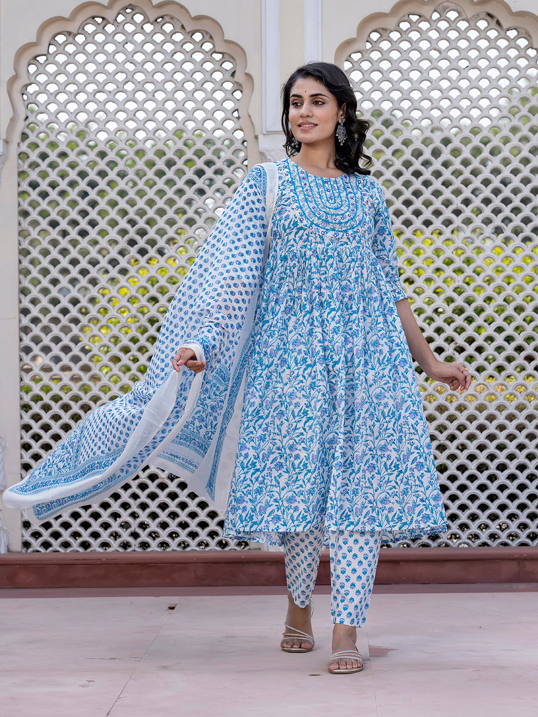 Jaitpuriya Women Turquoise blue Mirror Work Anarkali Kurta Bottom And Dupatta
