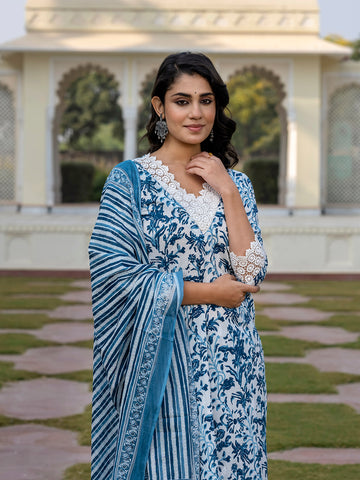 Jaitpuriya Women Blue And Off White Floral Print Straight Kurta Bottom And Dupatta