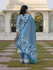 Jaitpuriya Women Blue And Off White Floral Print Straight Kurta Bottom And Dupatta