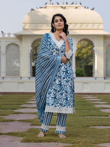 Jaitpuriya Women Blue And Off White Floral Print Straight Kurta Bottom And Dupatta