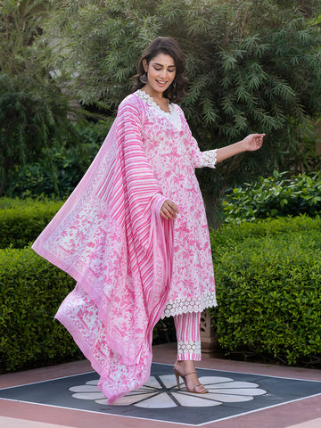 Jaitpuriya Women Pink And Off White Floral Print Straight Kurta Bottom And Dupatta