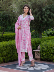 Jaitpuriya Women Pink And Off White Floral Print Straight Kurta Bottom And Dupatta