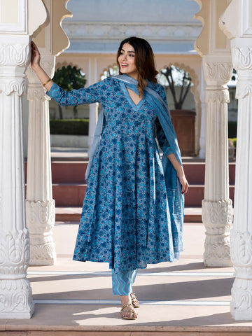 Jaitpuriya Women Blue and Grey Floral Print Anarkali Kurta Bottom Dupatta Set