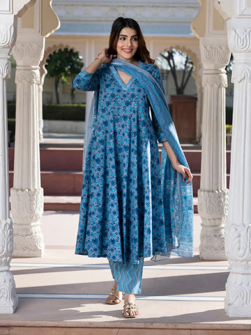 Jaitpuriya Women Blue and Grey Floral Print Anarkali Kurta Bottom Dupatta Set