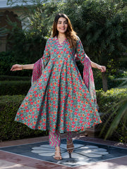 Jaitpuriya Women Green & Pink Floral Print Anarkali Kurta Set with Dupatta