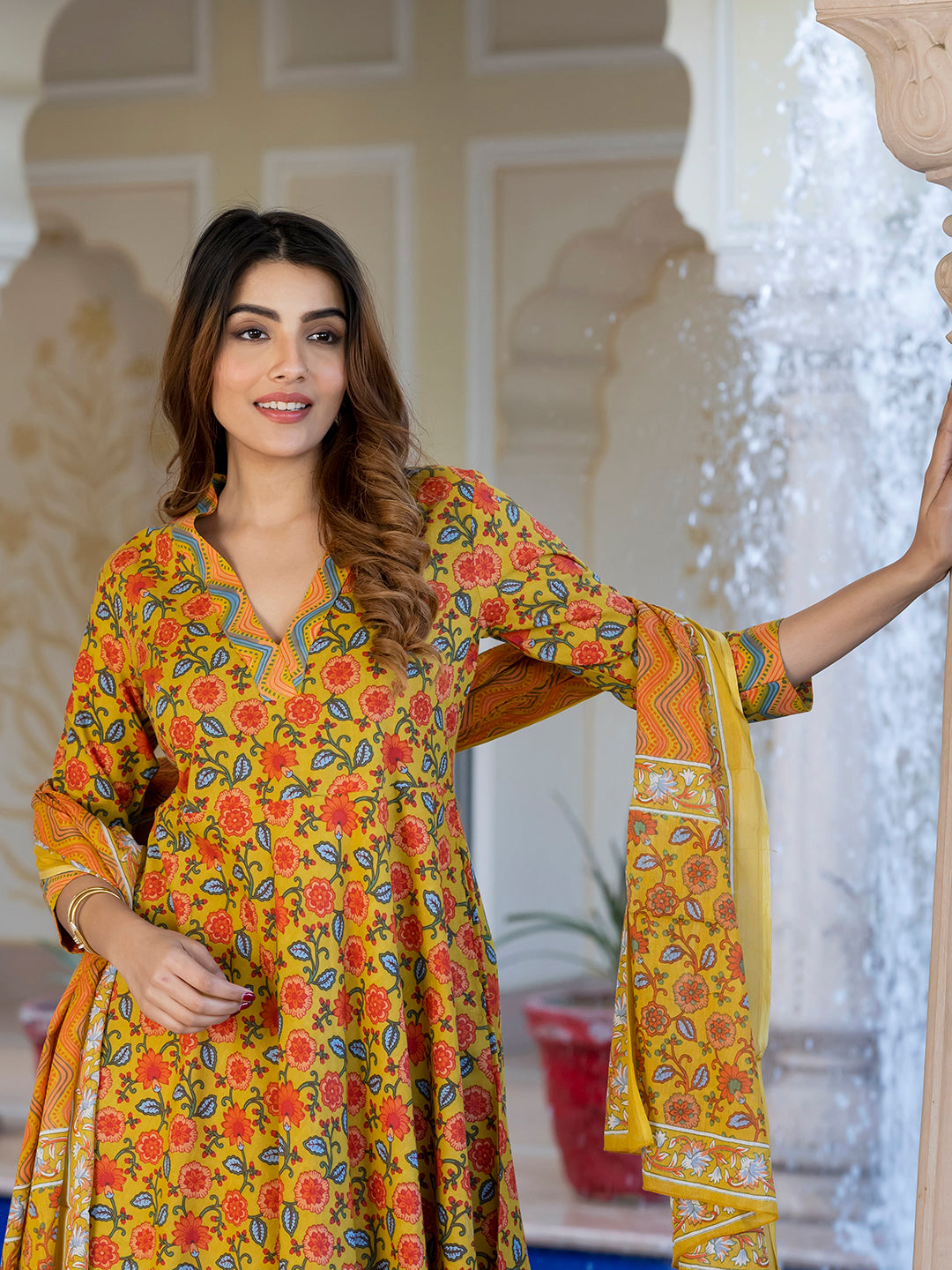 Jaitpuriya Women Yellow & Off-Red Floral Print Anarkali Kurta Set with Dupatta