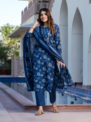 Jaitpuriya Women Blue Floral Print Straight Kurta Set with Dupatta