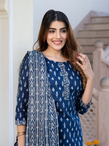 Jaitpuriya Women Navy Blue Floral Print Straight Kurta Set with Dupatta