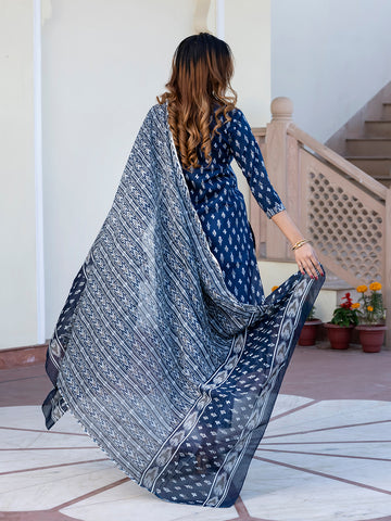 Jaitpuriya Women Navy Blue Floral Print Straight Kurta Set with Dupatta