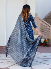 Jaitpuriya Women Navy Blue Floral Print Straight Kurta Set with Dupatta