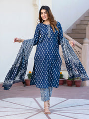 Jaitpuriya Women Navy Blue Floral Print Straight Kurta Set with Dupatta