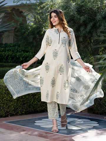 Jaitpuriya Women Off-White Floral Print Straight Kurta Set with Dupatta