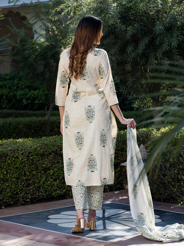 Jaitpuriya Women Off-White Floral Print Straight Kurta Set with Dupatta