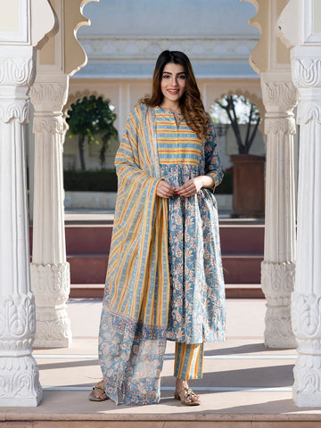 Jaitpuriya Women Blue Ethnic Motifs Anarkali Kurta Set with Dupatta