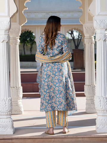 Jaitpuriya Women Blue Ethnic Motifs Anarkali Kurta Set with Dupatta