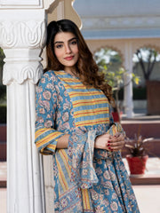 Jaitpuriya Women Blue Ethnic Motifs Anarkali Kurta Set with Dupatta